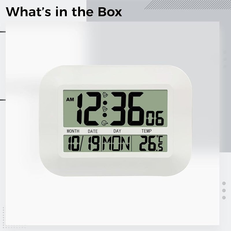 Digital Wall Clock with LCD Display Time Temperature Date Alarm White - Image 5